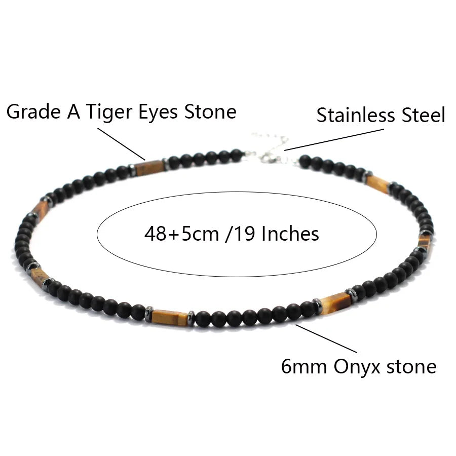 Unique Natural Stone Necklace For Men 19 Inches Short Choker Stainless Steel Buckle Square Tiger Eyes Beads Cycling Accessories