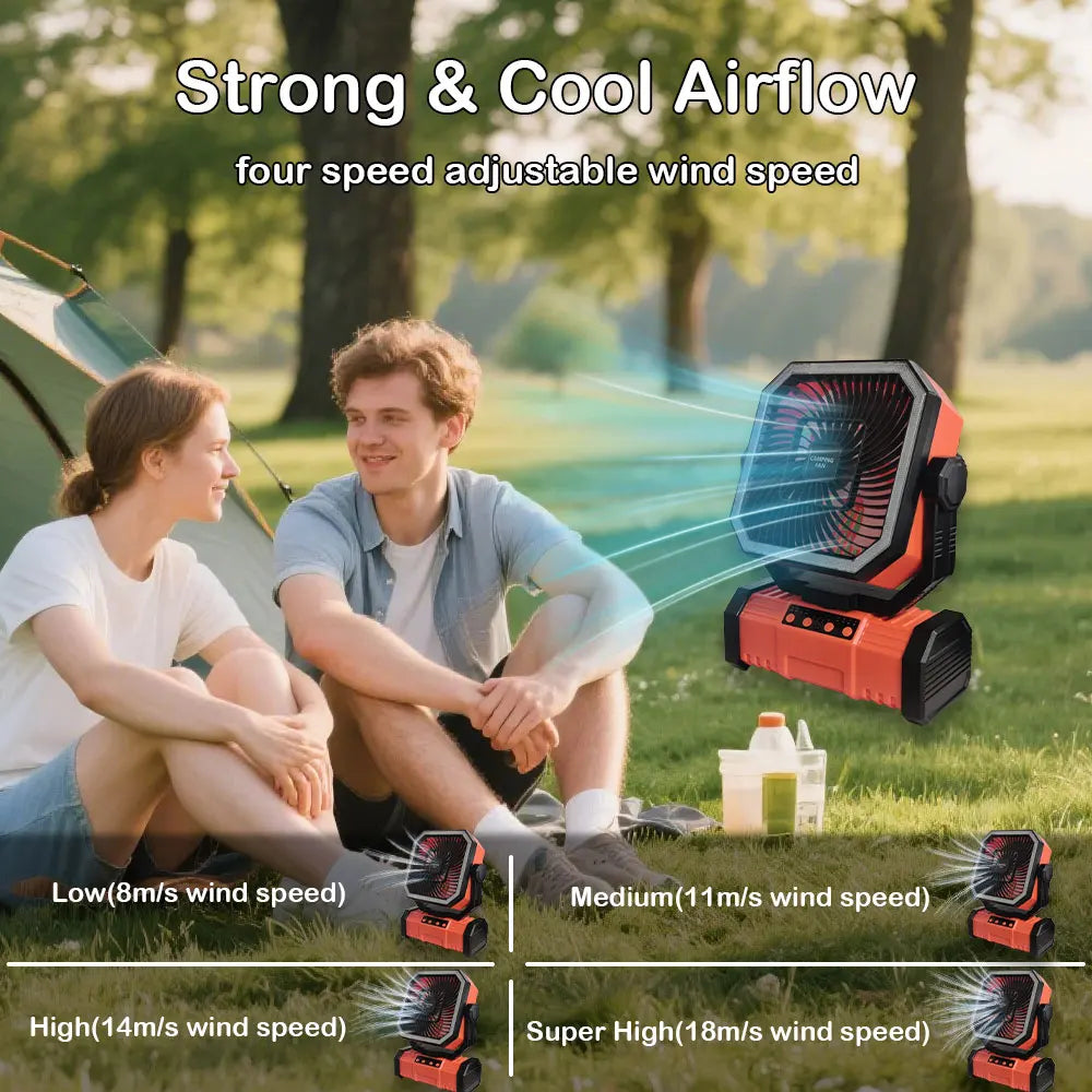 20000 mAh wireless battery-powered camping fan with LED light and remote control, 4 speeds, timer function, USB