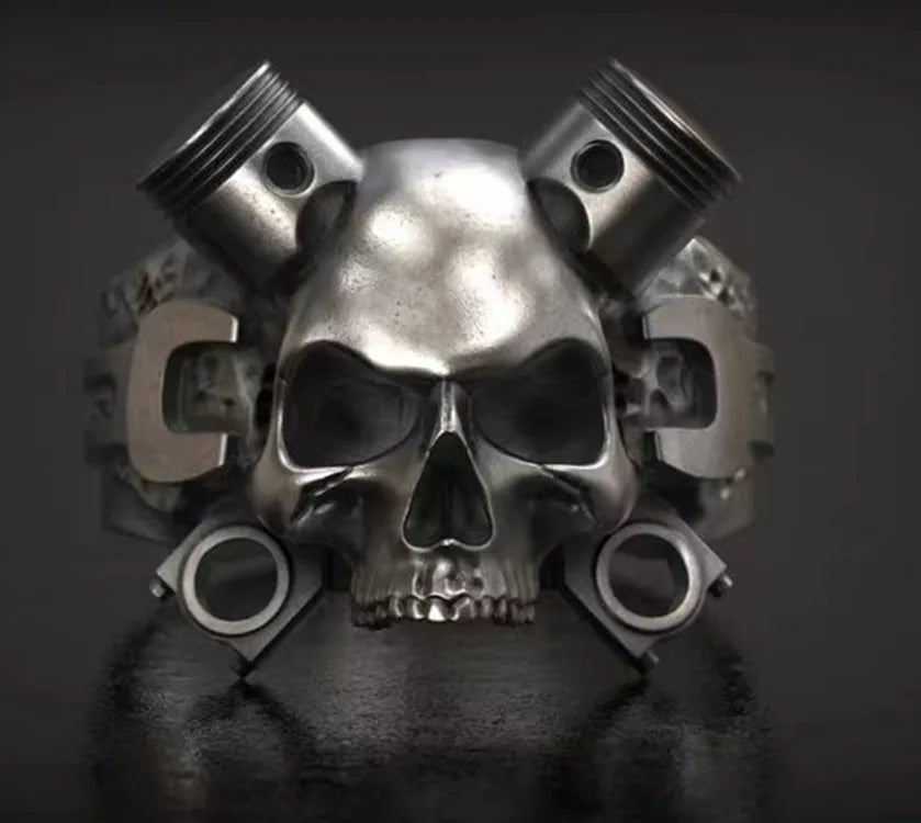 Alloy Mechanical Skull Men's Ring, European and American Popular Punk Style Inlaid Finger Ring