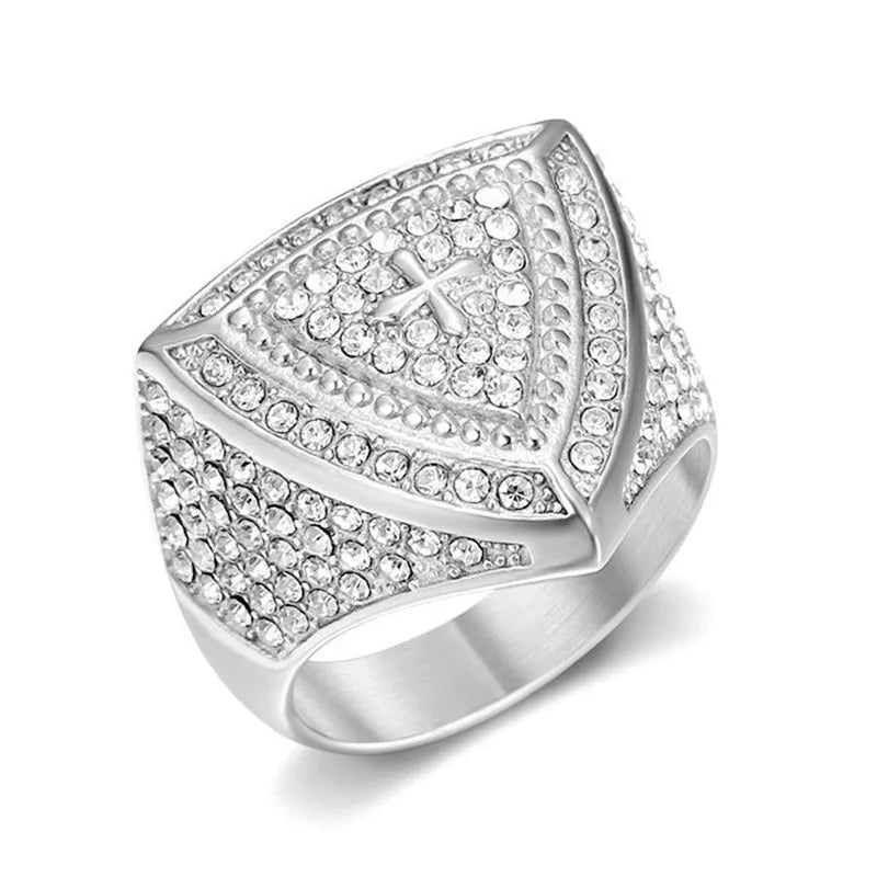 All Bling 5A Zircon Triangular Stainless Steel Rings for Men Cool Trendy Filled Titanium HIPHOP Finger Bands