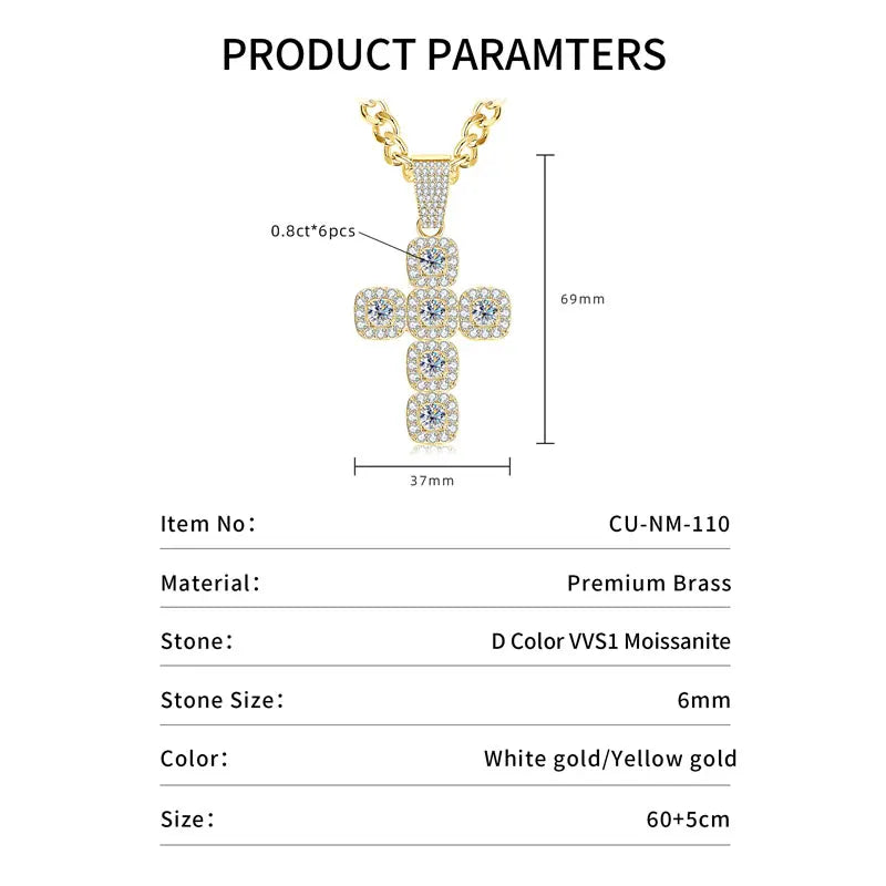 Lnngy 6.0mm Moissanite Necklaces European and American Hip-hop Cross-Shaped Pendant Necklace for Men Jewelry