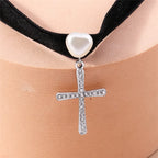 Aihua Gothic Crystsal Cross Pendant Black Velvet Necklace for Women Elegant Pearl Heart Choker Necklace Statement Jewelry