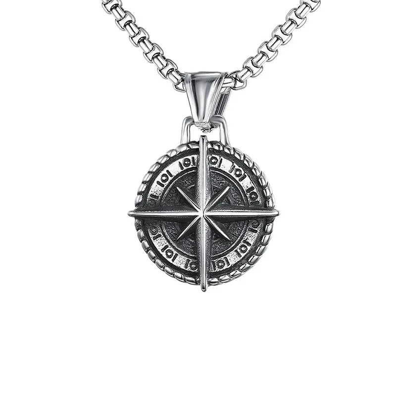 Two-Tone Compass Pendant Necklace Retro Statement