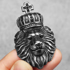 Crown Lion Head Pendant Necklace — Box Chain, Stainless Steel