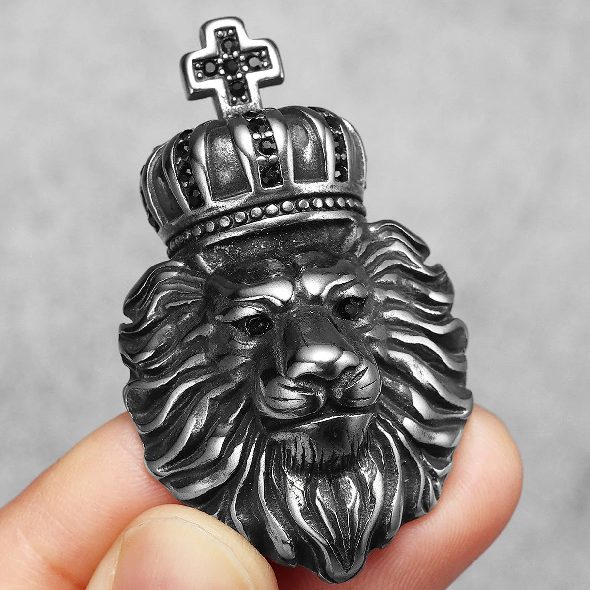 Crown Lion Head Pendant Necklace — Box Chain, Stainless Steel
