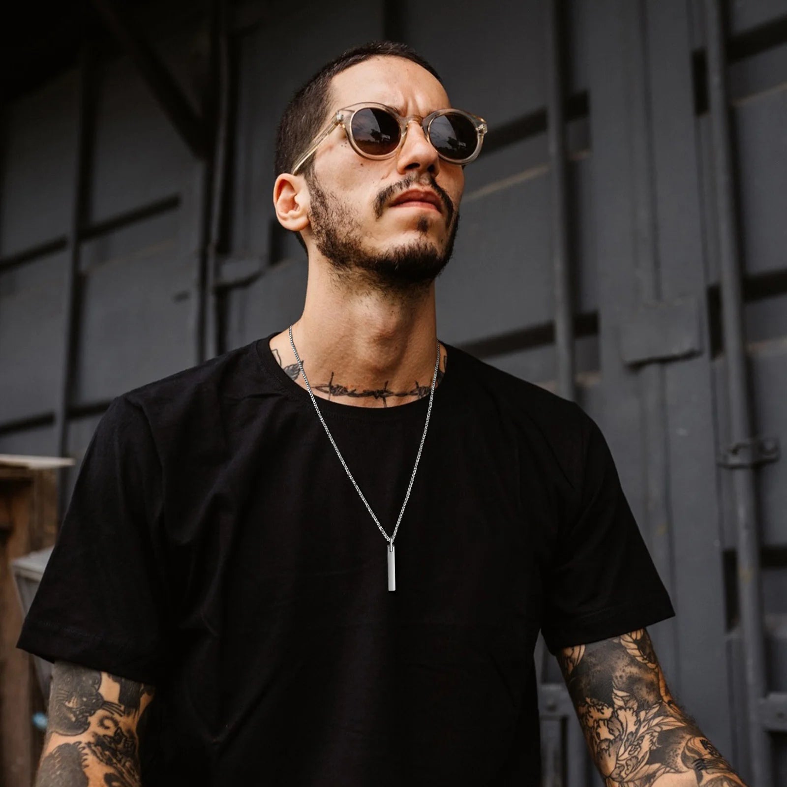 3D Bar Box Chain Pendant Necklace — Stainless Steel