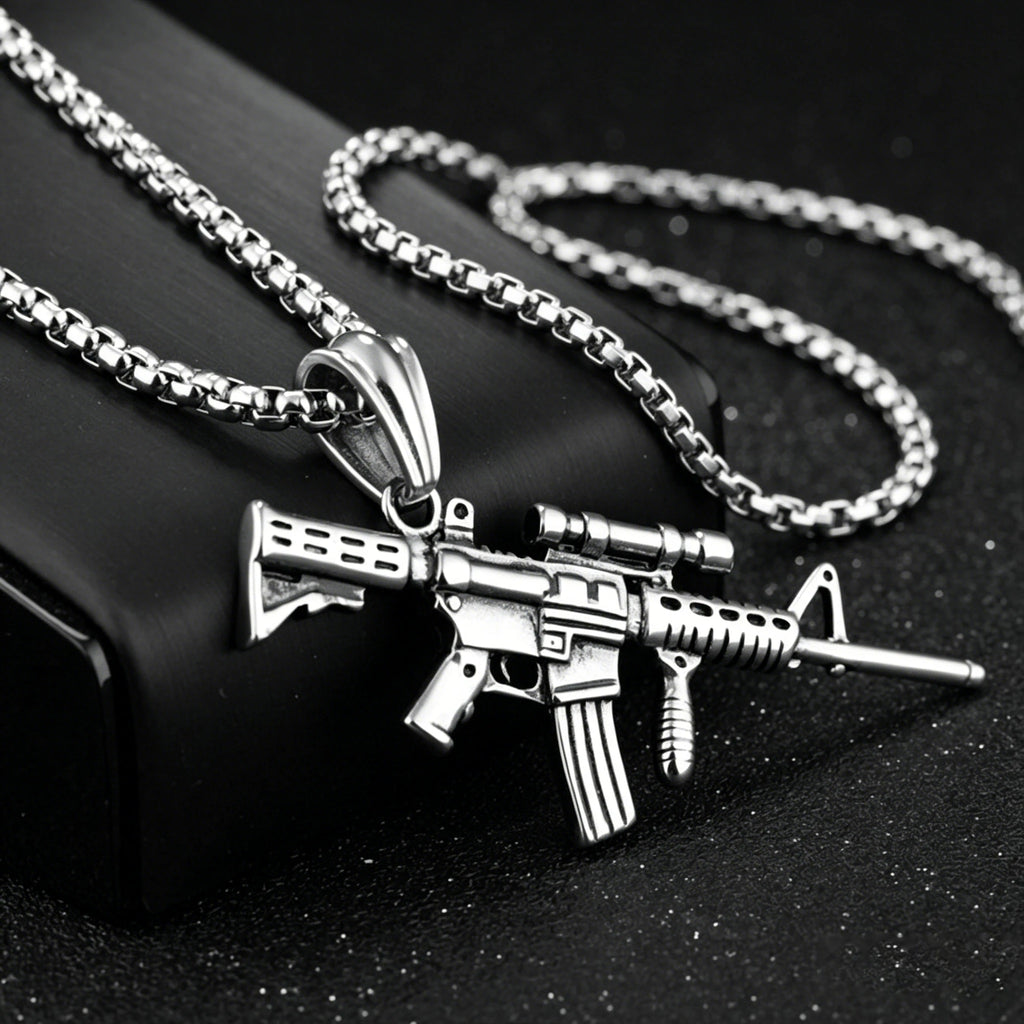 Men's Machine Gun Pendant Necklace Hip Hop Punk Black Gold Color Stainless Steel Chain Retro Accessories Hippie Rapper Jewelry
