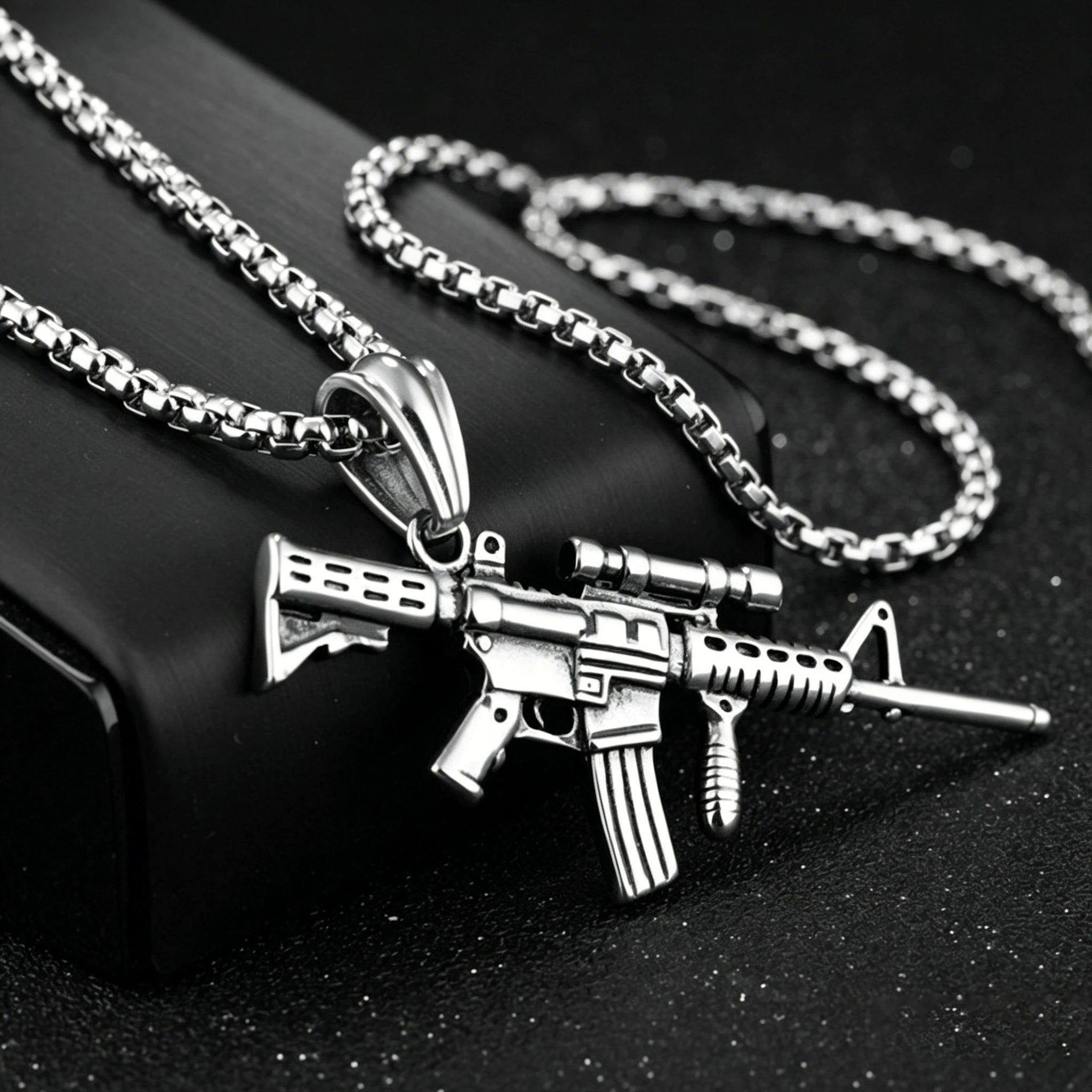 Men's Machine Gun Pendant Necklace Hip Hop Punk Black Gold Color Stainless Steel Chain Retro Accessories Hippie Rapper Jewelry