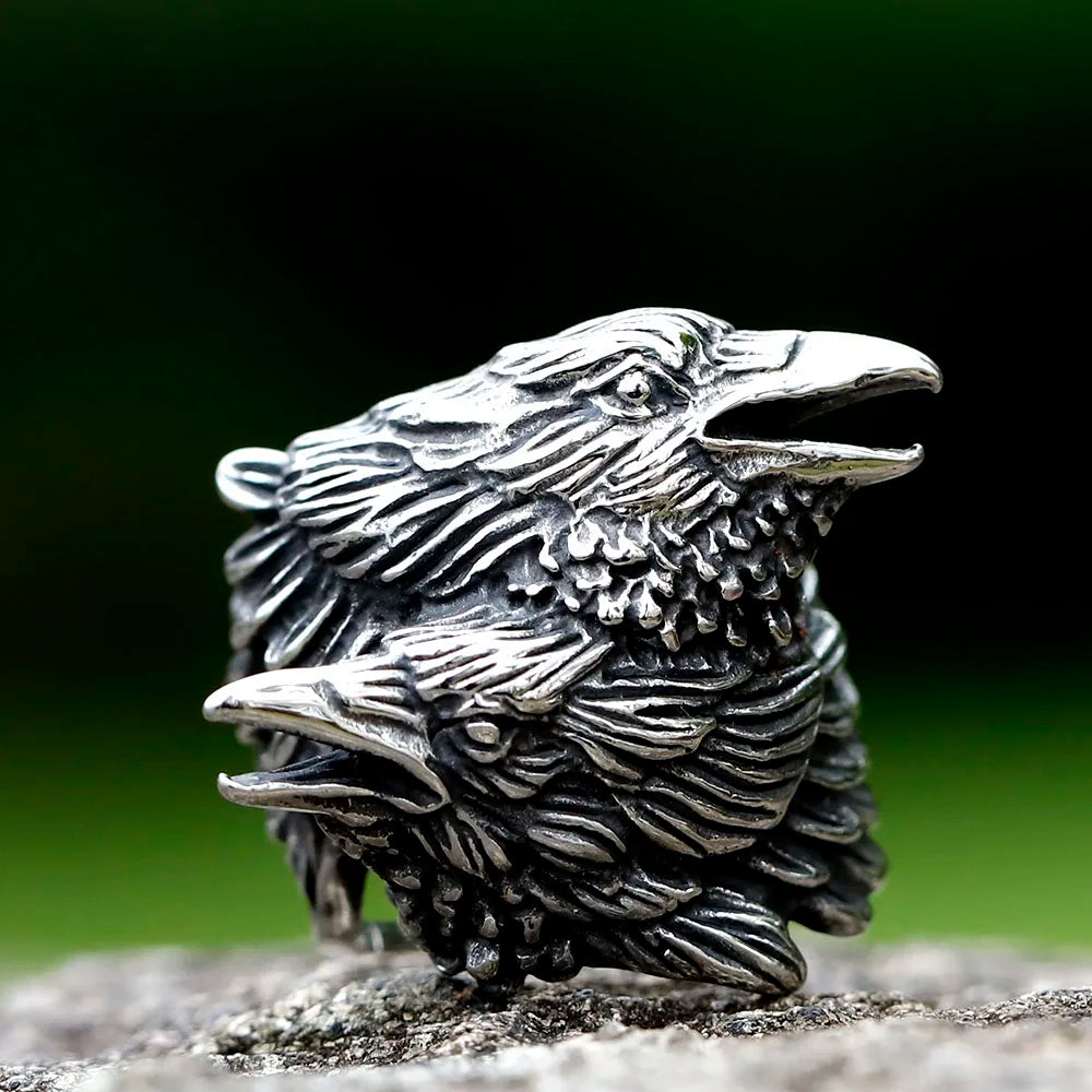 2023 NEW Men's 316L Stainless Steel Rings Nordic VIKING Odin Double Headed Bird Headed Animal Ring Amulet Jewelry Free