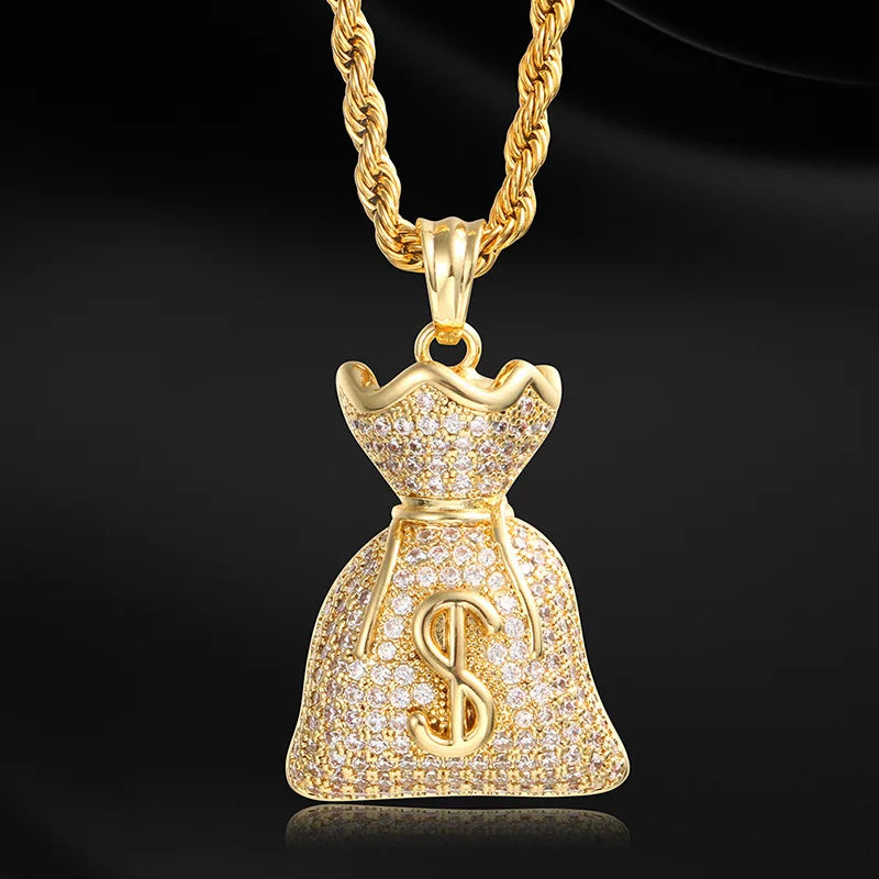 Iced Out Dollar Money Bag Pendant Necklace Hip Hop Full Zircon Unisex Cuban Chain Nightclub Party Jewelry Birthday Gift For Men
