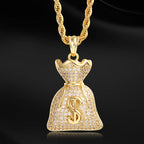 Iced Out Dollar Money Bag Pendant Necklace Hip Hop Full Zircon Unisex Cuban Chain Nightclub Party Jewelry Birthday Gift For Men