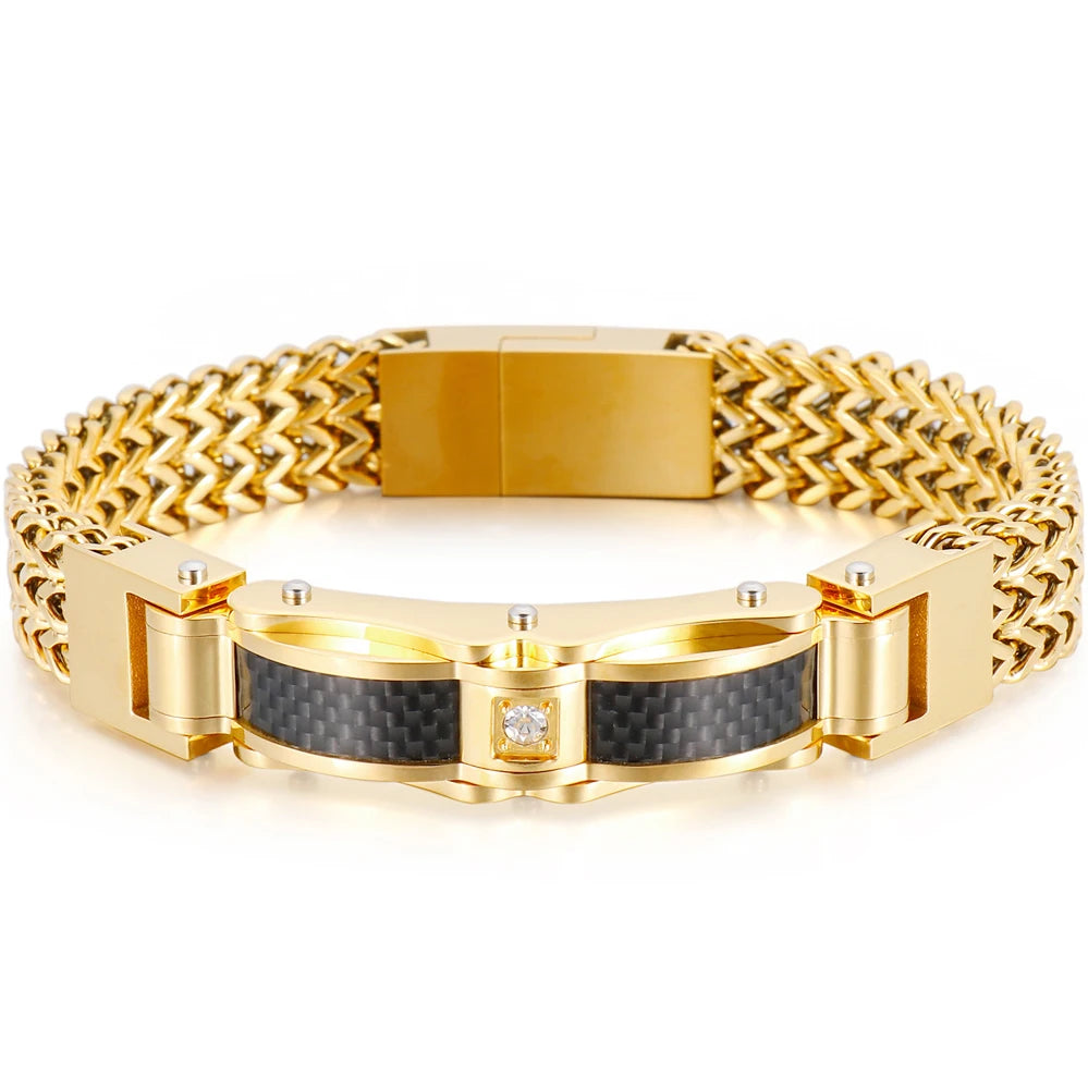 Stainless Steel Bracelet for Men 12MM Width Square Franco Link Chain Men's Bracelets With CZ & Magnet Clasp Gold Color