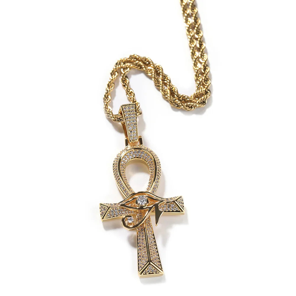 Shining Iced Out Ancient Egyptian God Eye of Horus Cross Pendant Necklace for Men and Women Hip Hop Trendy Amulet