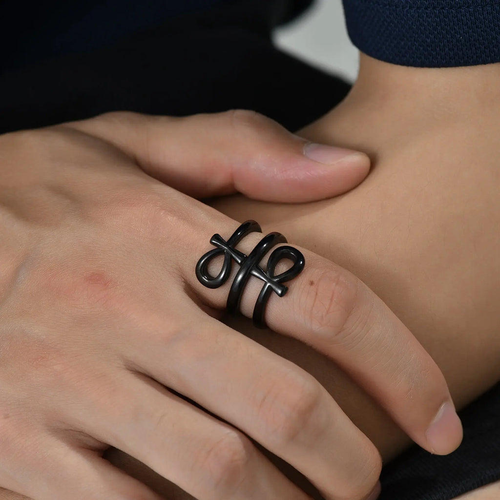 Ankh Cross Ring Layered Wrap Key of Life — Stainless Steel