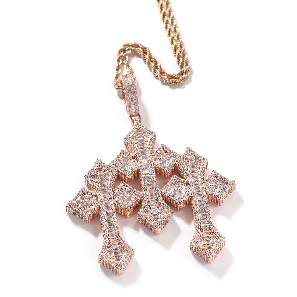 THE BLING KING 3pcs Cross Set Pendant Necklace Iced Out Baguettecz Cubic Zirconia Link Chain Luxury Hiphop Jewelry For