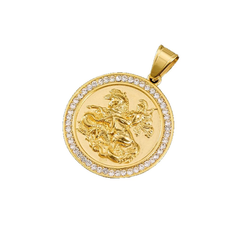 1pc Saint Michael Gold color round pendant with rhinestone For Men Women HIP hop Punk 316L Stainless Steel Knight Jewelry Gifts