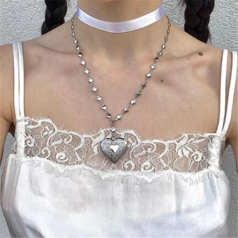 Heart Locket Layered Beaded Chain Necklace Fairy core coquette rosary Fairy Casual Cottage 00s Handmade