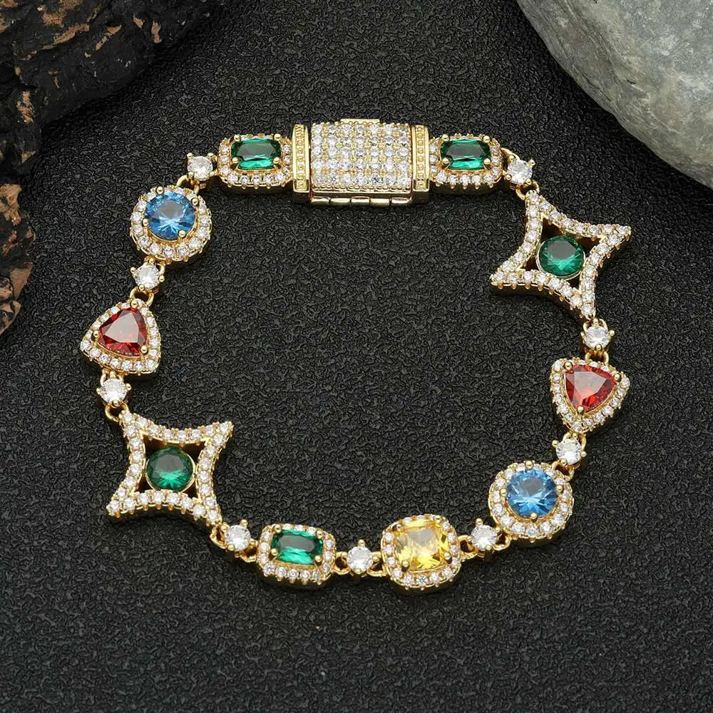 Cross Chain Necklace Iced Out Colorful Gemstone
