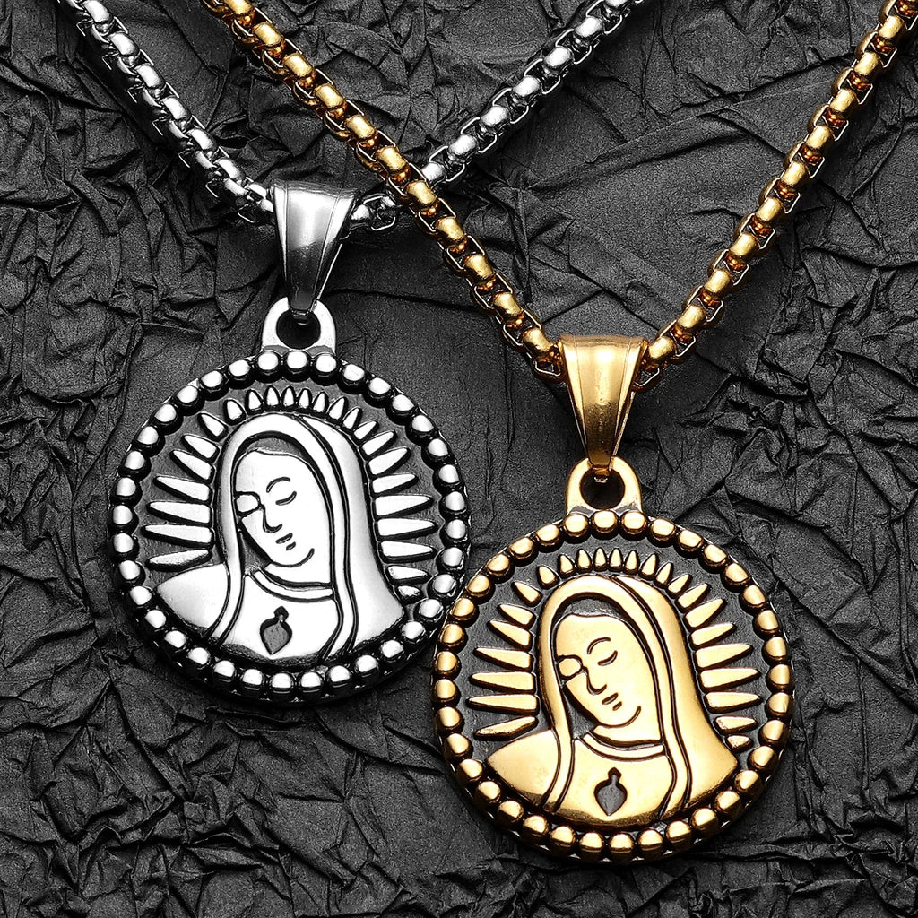 Virgin Mary Pendant Necklace Stainless Steel Vintage