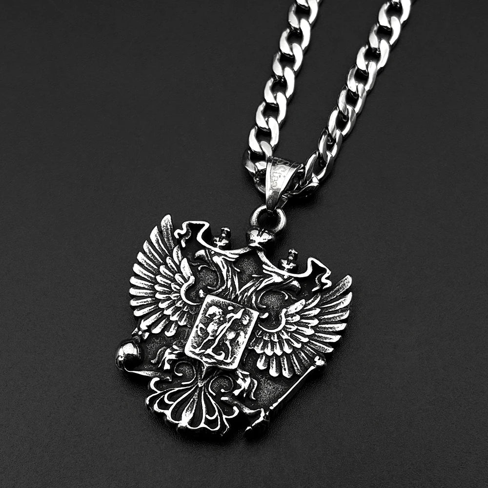 Russian Double-Headed Eagle National Emblem Symbol Pendant Necklace for Women Men Silver Color Stainless Steel Chain Jewelry