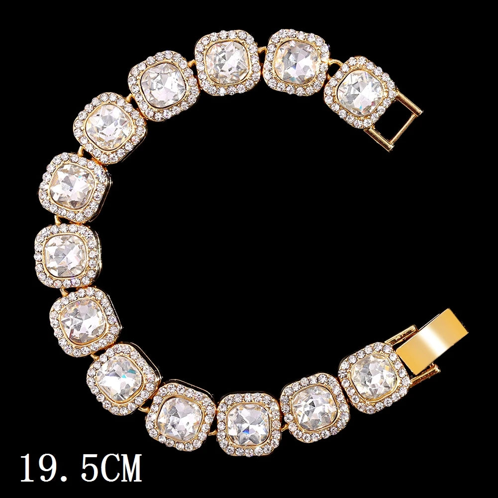 Hip Hop Full Crystal Heart Tennis Chain Bracelets for Men Women Bling Square Rhinestone Cuban Link Chain Bracelet Luxury Jewelry