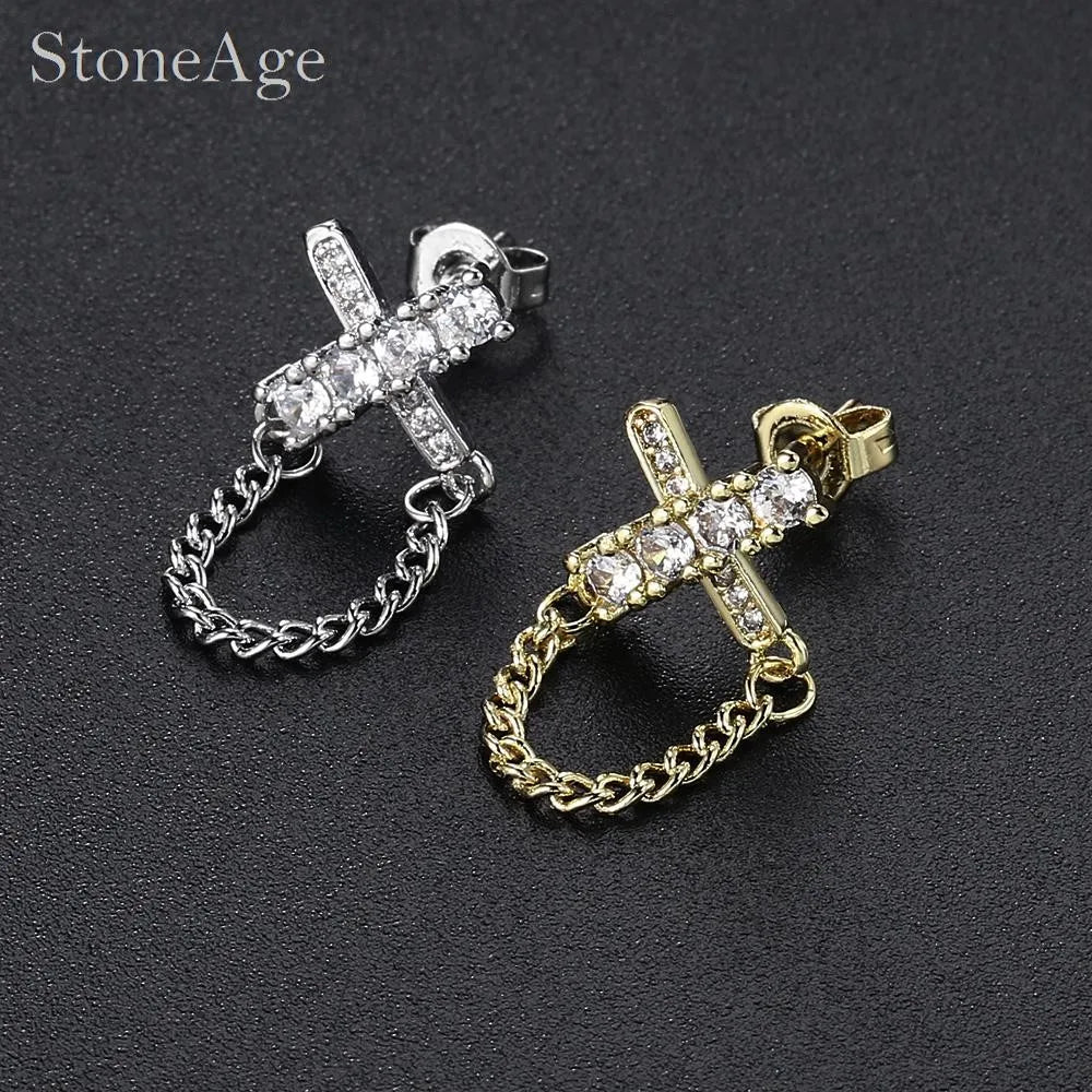 Iced Out Cross Stud Earrings — Silver