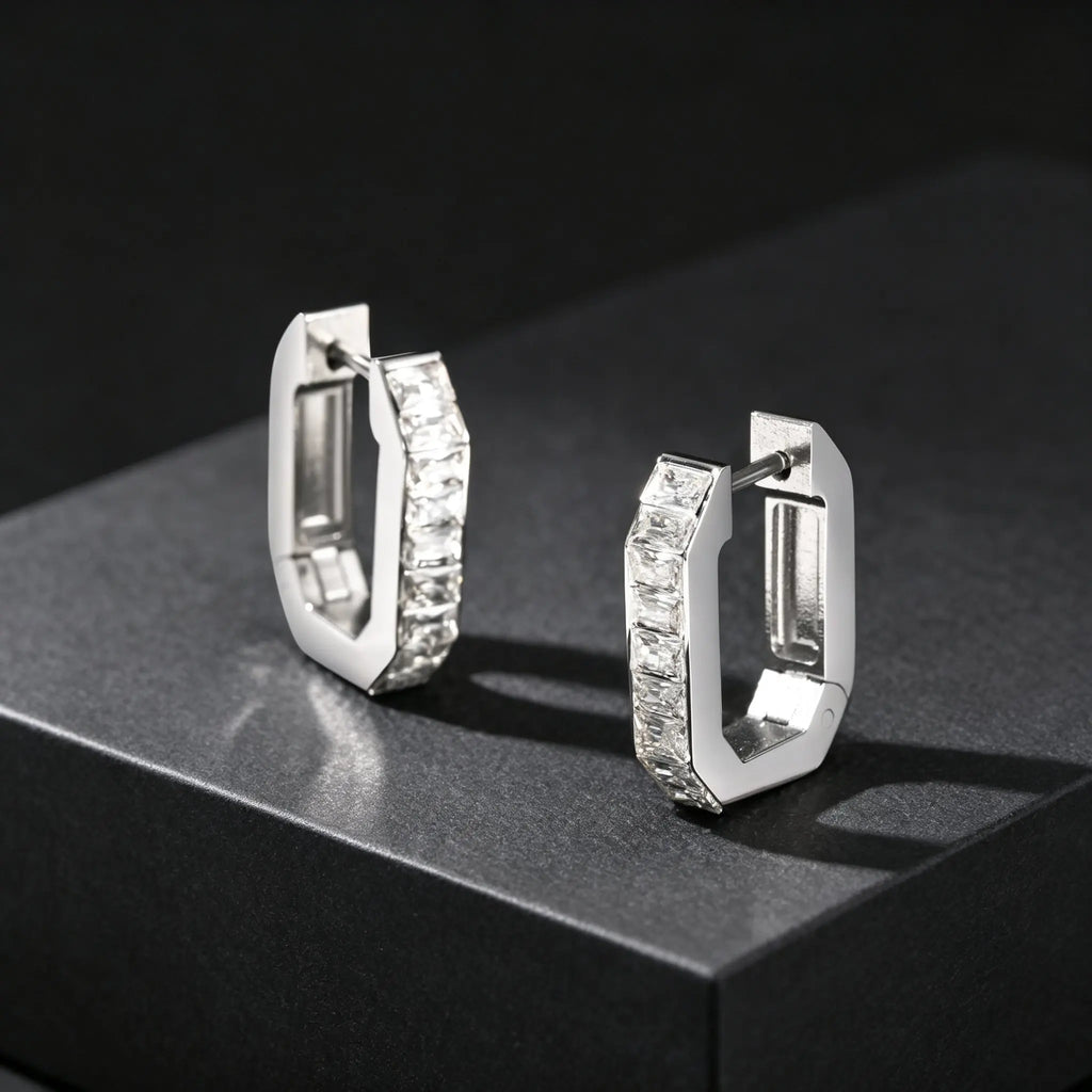 Men's U-shaped White Zircon Hoop Earrings, Fashion High Quality Waterproof Stainless Steel Earrings, Simple Fashion Jewelry