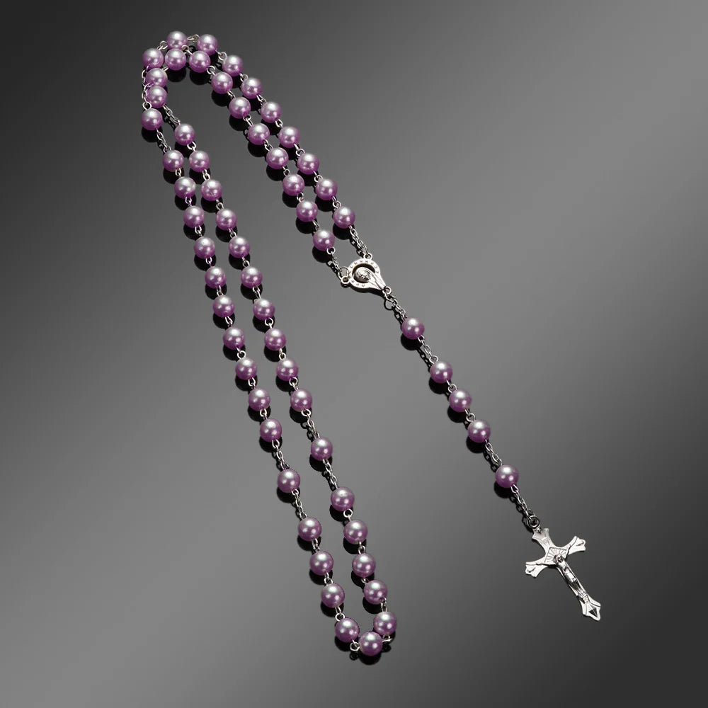 Vintage Catholic Rosary Necklace — Glass Bead Crucifix Cross