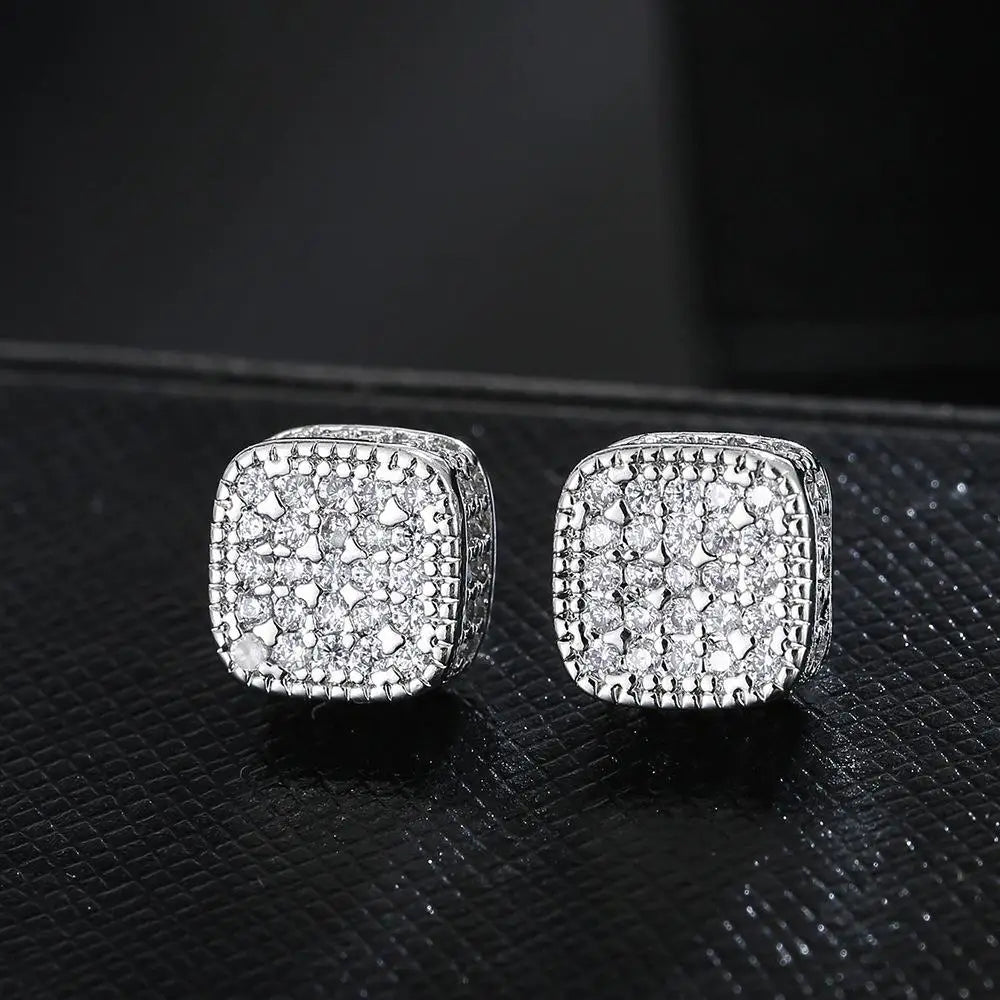 Iced Out Square Zirconia Stud Earrings for Men Women — Gold-Tone