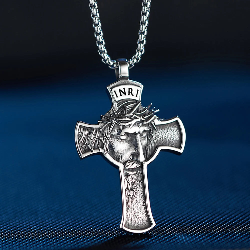 Vintage Stainless Steel Jesus Cross Pendant Necklace Men Biker Amulet Cross Orthodox Chain Necklace Jewelry Gift