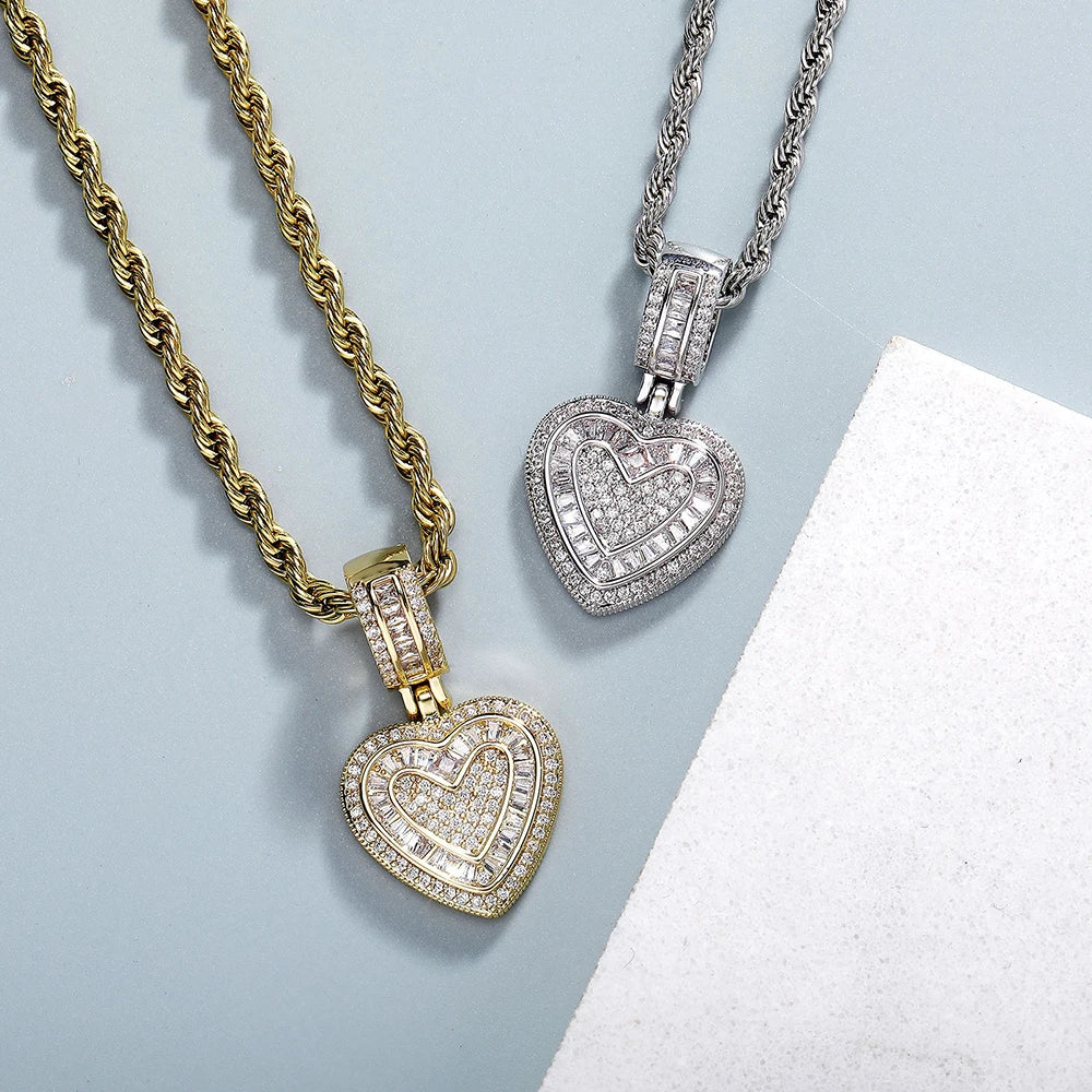 Gold Iced Out Heart Pendant Rope Chain Necklace