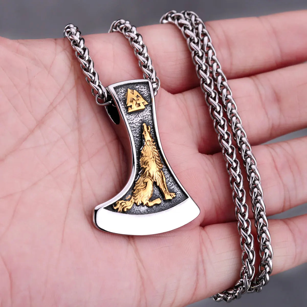 Vintage Viking Double Sided Axe Wolf and Crow Men Necklace Fashion Hip Hop Biker Pendant Stainless Steel Jewelry Gift