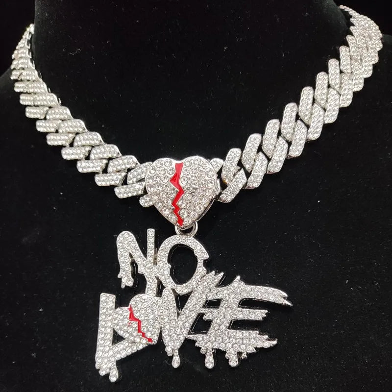 Men Women Hip Hop No Love Heart Pendant Necklace with 14mm Cuban Chain HipHop Iced Out Bling Hiphop Necklaces Fashion