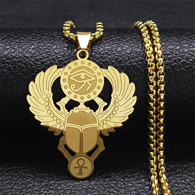 Egyptian Scarab Eye of Ra Horus Symbol Necklaces Stainless Steel Gold Color Ankh Key Of Life Necklace Jewelry collares