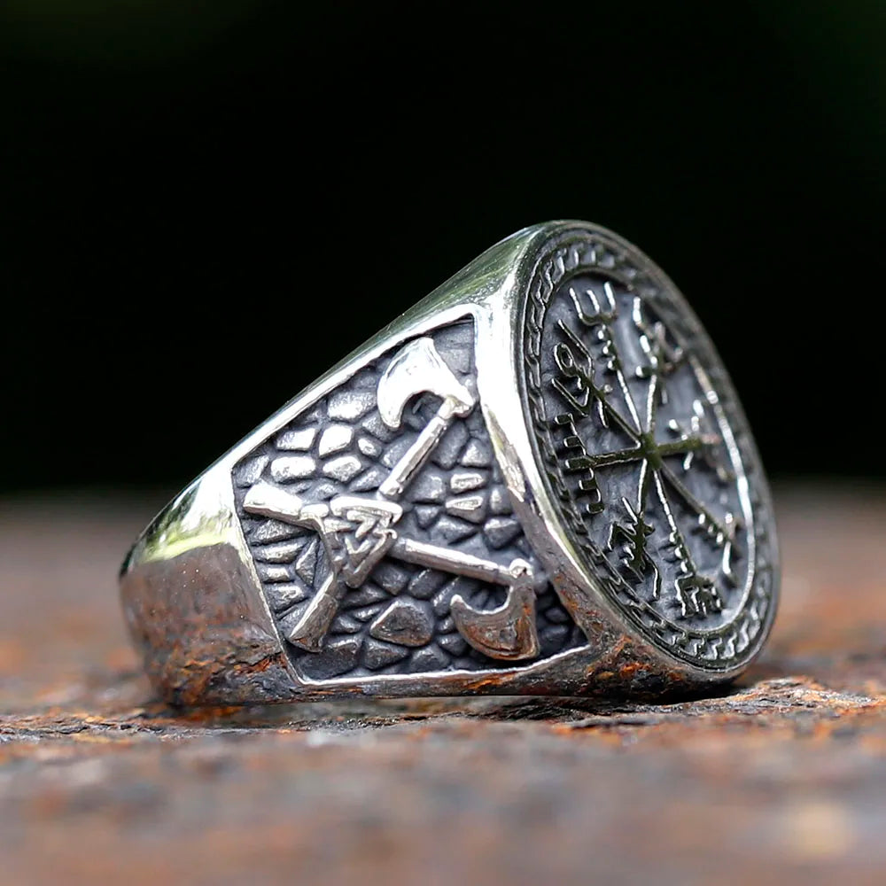 Viking Vegvisir Axe Amulet Ring — Stainless Steel