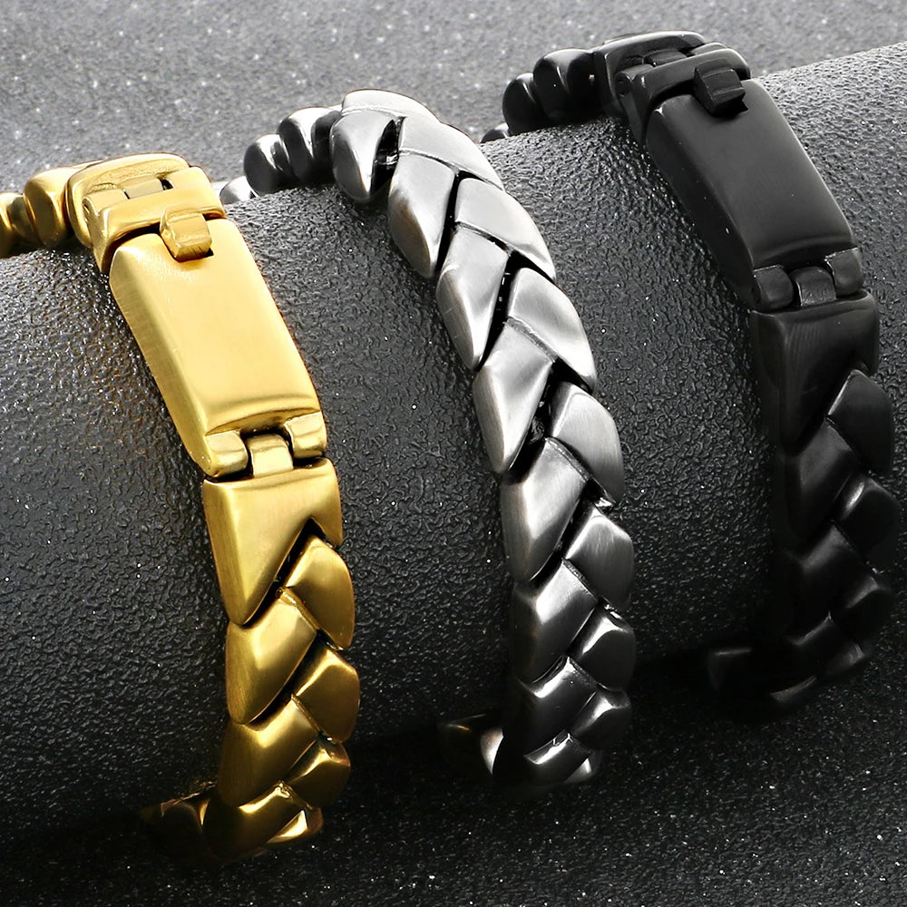 Matte Brushed Stainless Steel Bracelet for Man 11MM Wide Cuban Link Chain Bracelets Waterproof Gold/Silver Color
