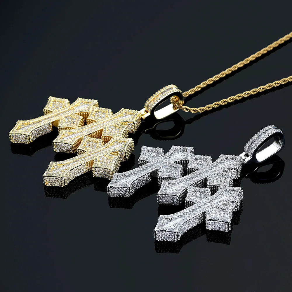 High Quality 3Inch Mens Hip Hop Cross Pendant New Release Iced out Triple Cross with Stone Charm Necklace Made Brass