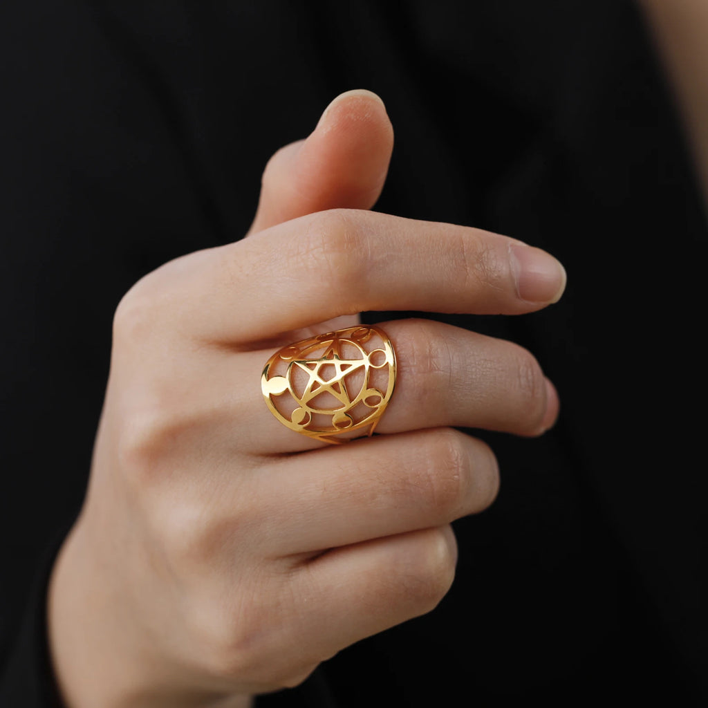Moon Phase Pentagram Adjustable Ring — Stainless Steel