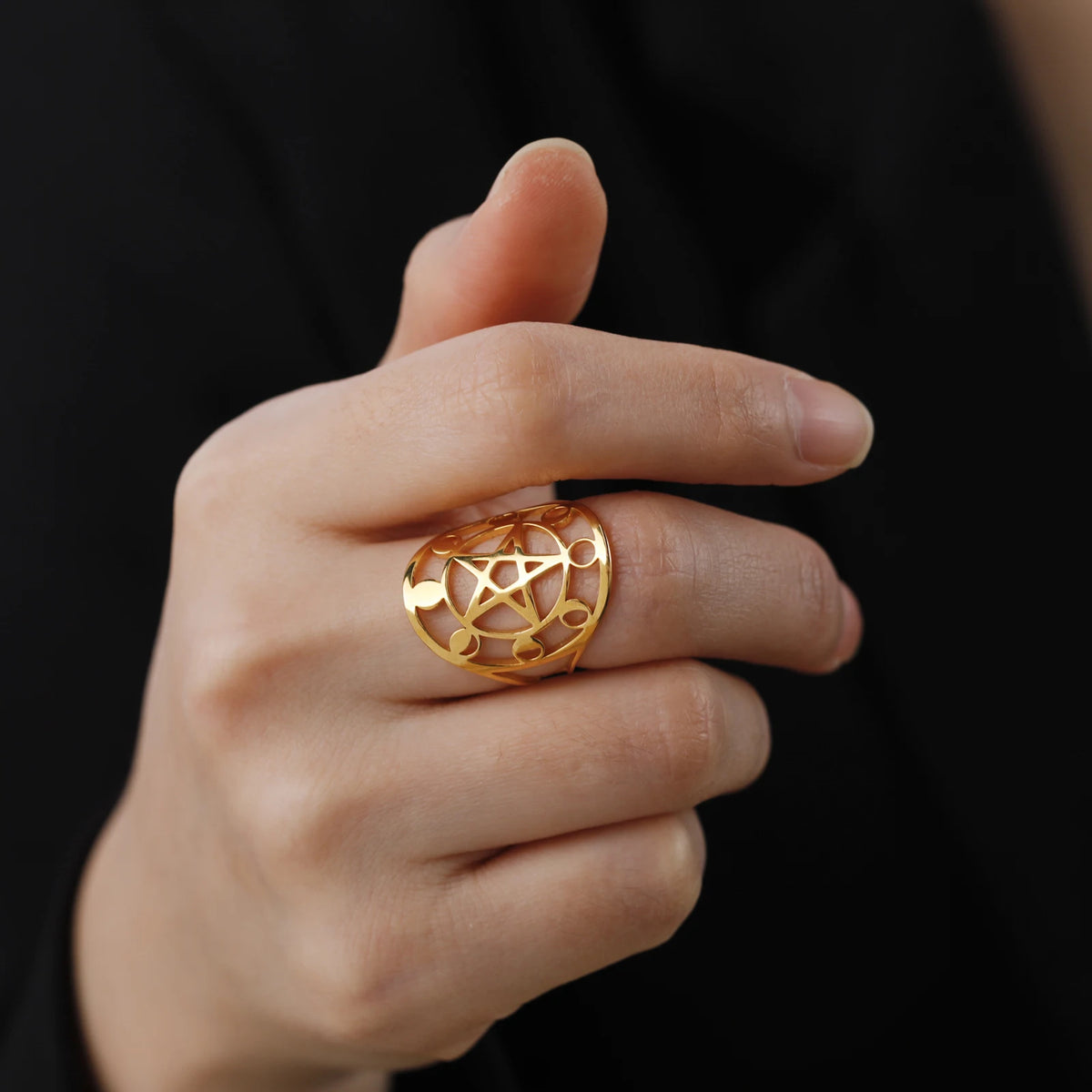 Moon Phase Pentagram Adjustable Ring — Stainless Steel
