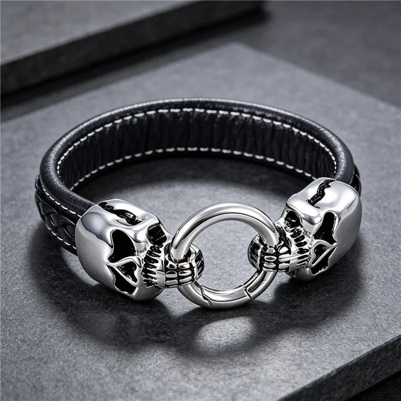Gothic Double Skull Black Band Bracelet — Stainless Steel