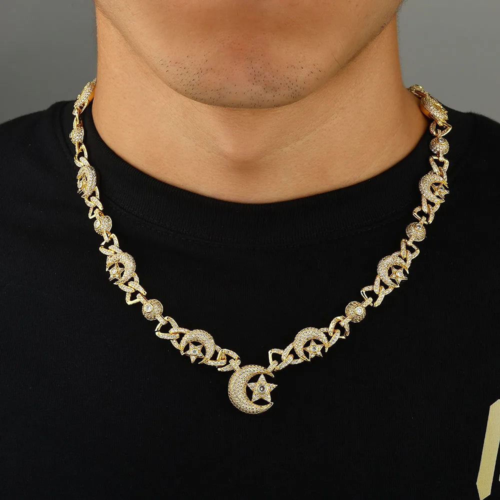 Iced Out Star Cuban Chain Necklace Moon CZ
