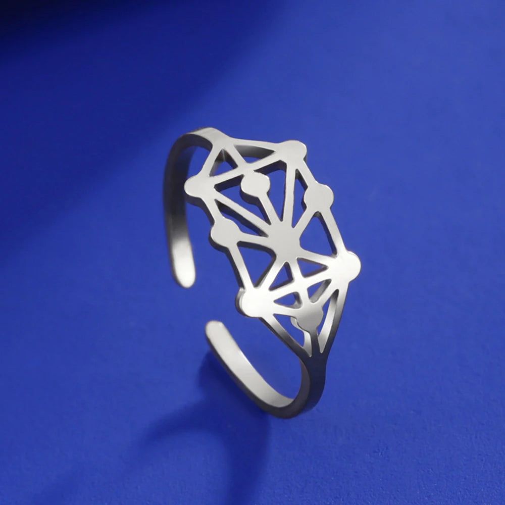 My Shape Sephirot Kabbalah Tree of Life Rings Women Stainless Steel Adjustable Size Geometric Finger Ring Amulet