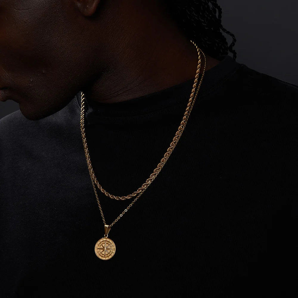 Vnox Layered Necklaces for Men, Sailing Travel Compass Pendant, Stainless Steel Cuban Figaro Wheat Chain, Casual Retro Collar