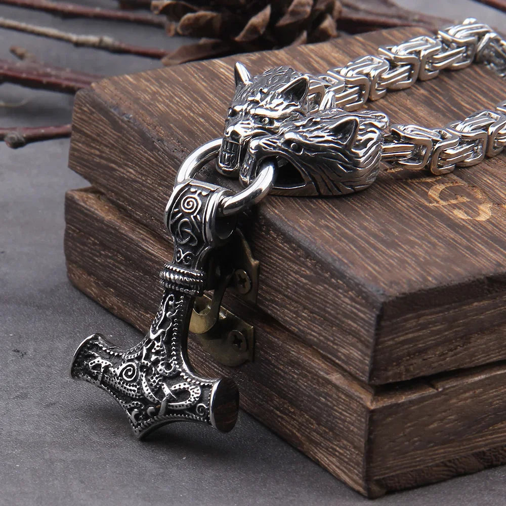 Wolf Head Thor Hammer Pendant — Stainless Steel