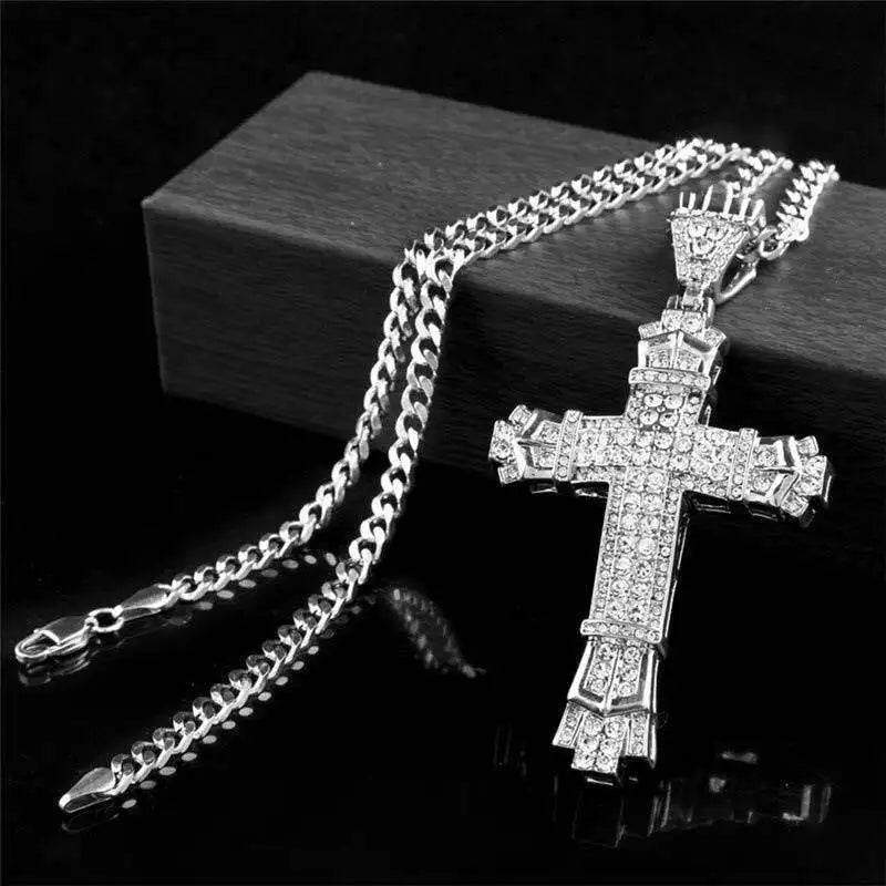 Rhinestone Christian Cross Pendant — Silver