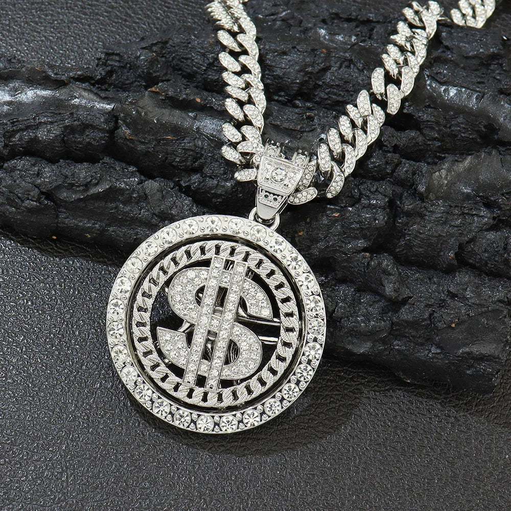 Men Hip Hop Big Rotatable US Dollar Money Sign Pendant Necklace 13mm Iced out Cuban Chain Choker Necklace Rap Rock