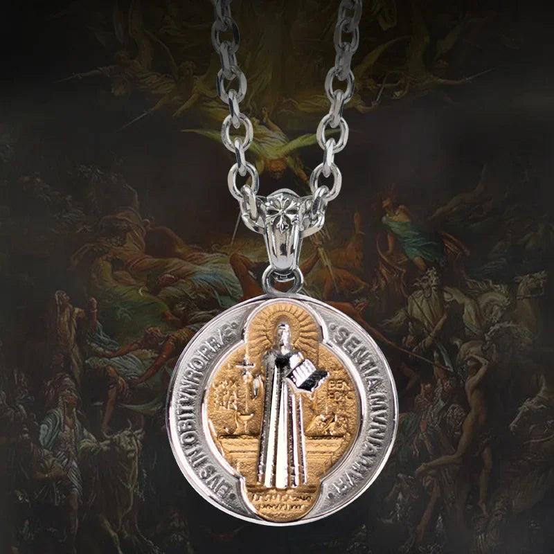 Vintage Titanium Steel Saint Benedict Pendants Exorcist Saint Plaque Prayer Text Cross Religious Necklace Talisman Jewelry