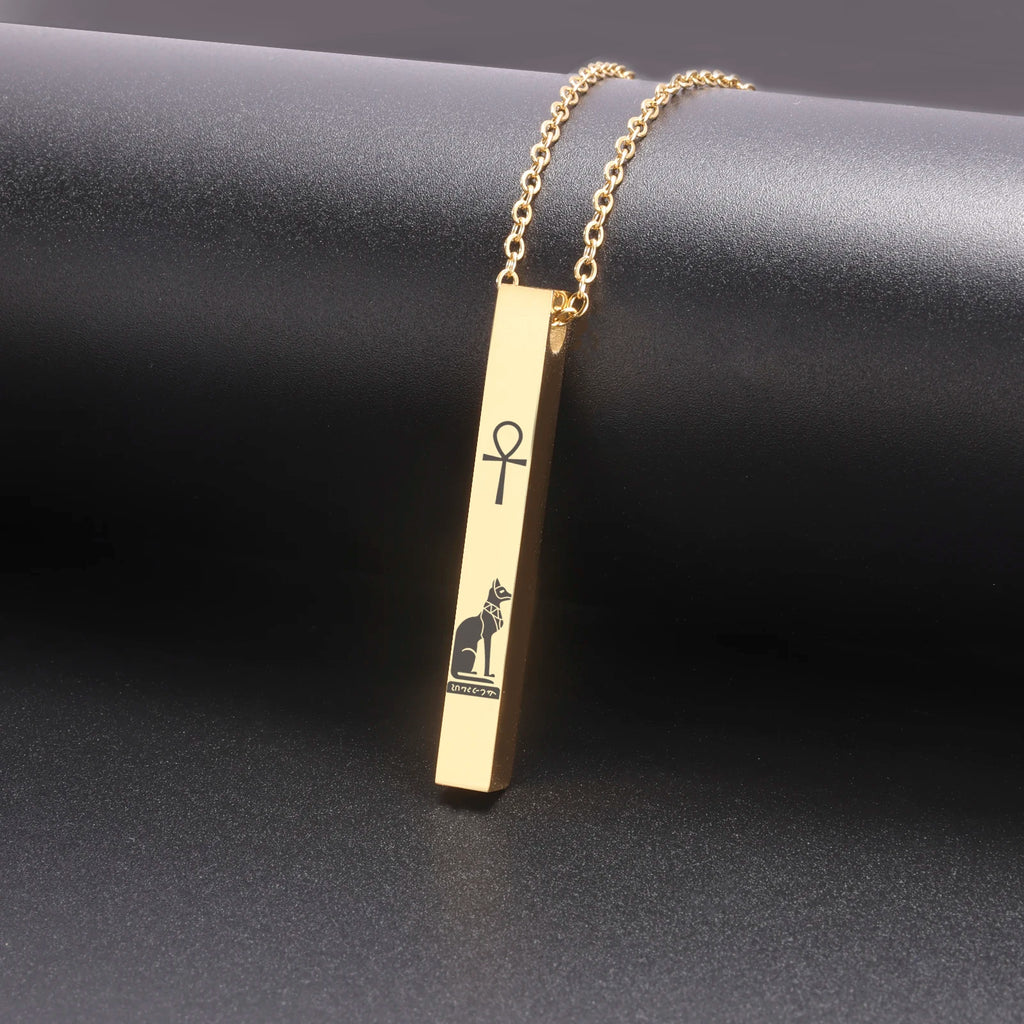 Lemegeton Egyptian Cat Goddess Bastet Necklace Stainless Steel Ancient Egypt Ankh Cross Symbol Necklaces Square Amulet
