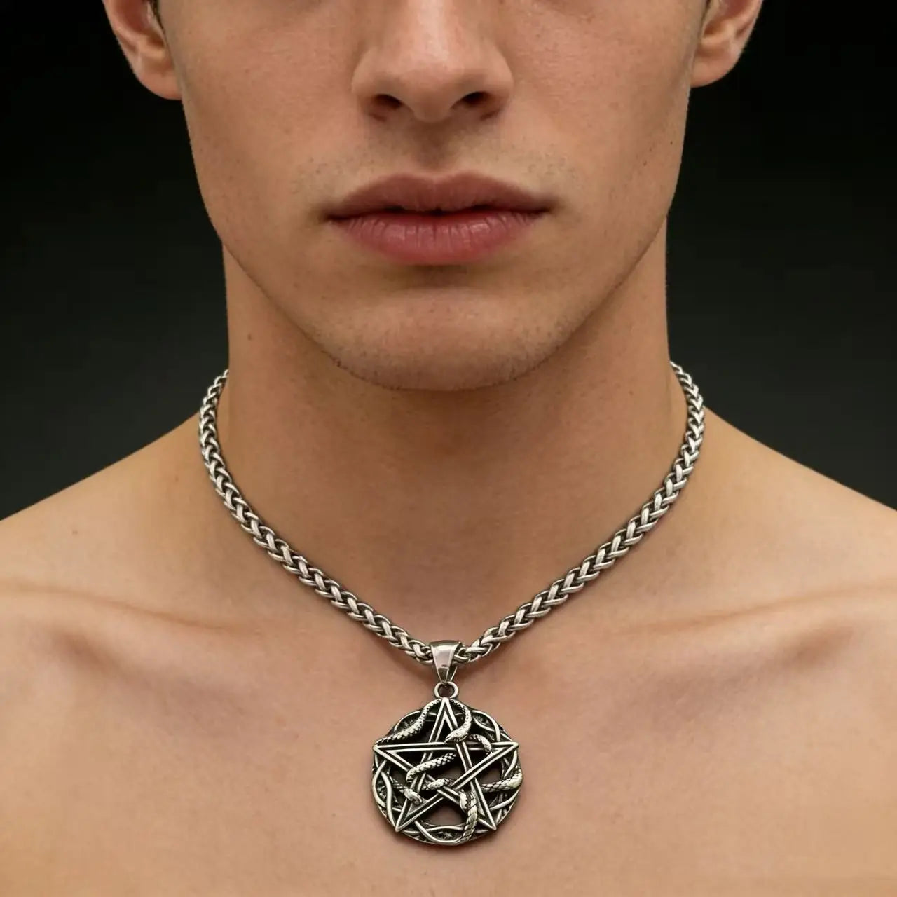 Rune Steel Pendant 316L Pentagram Snake Entwined