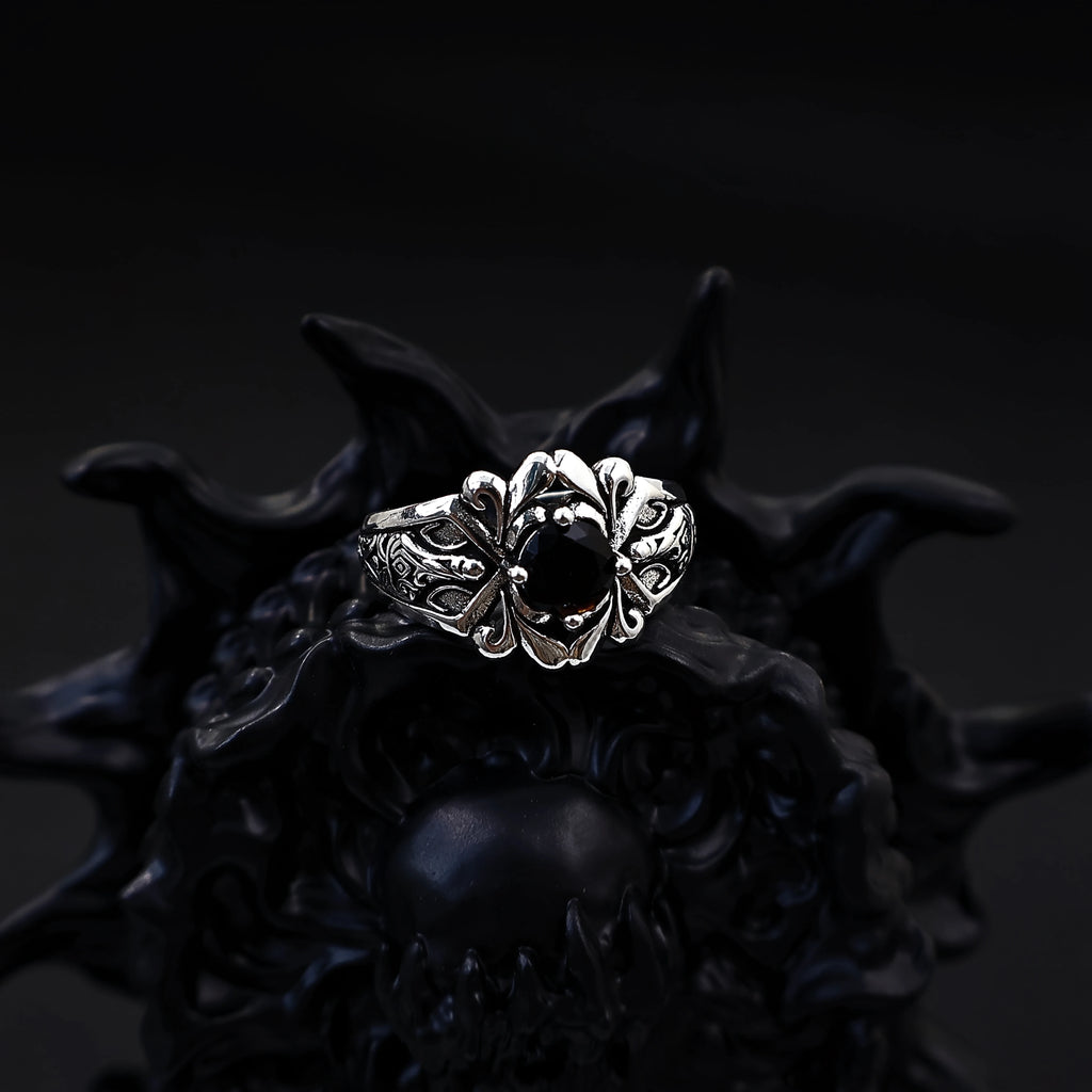 Sword & Rose Black Zircon Open Ring — Silver
